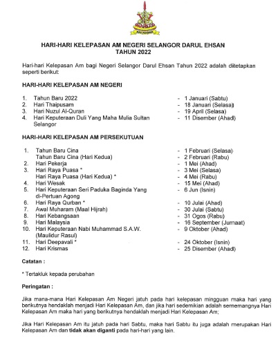 Cuti selangor 2022